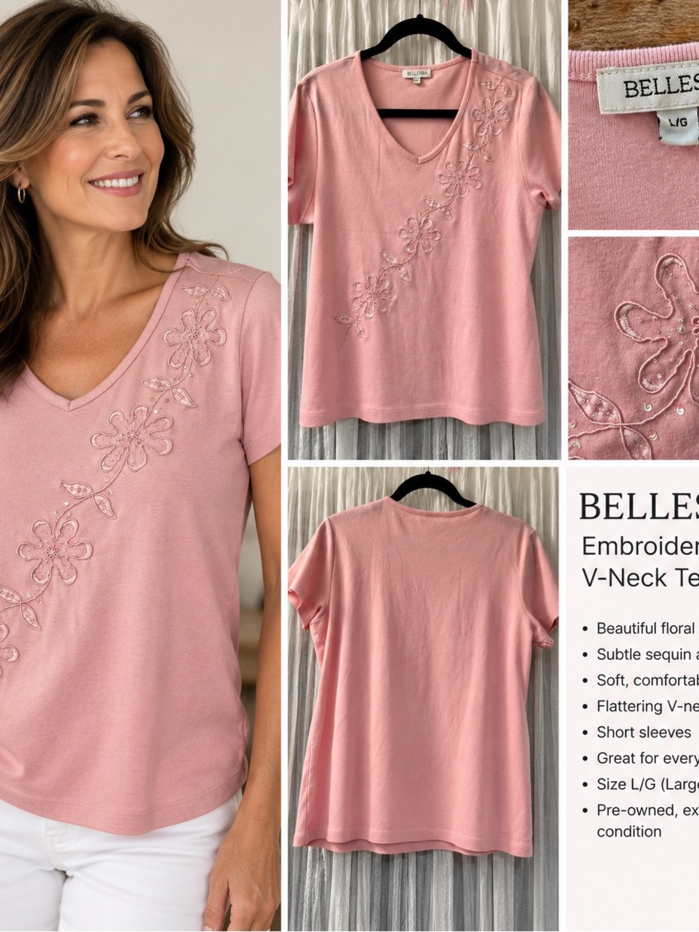 Elle Dusty Pink Embroidered V-Neck Short Sleeve Tee